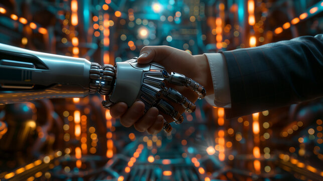 Businessman shaking hands with an AI robot on a futuristic background