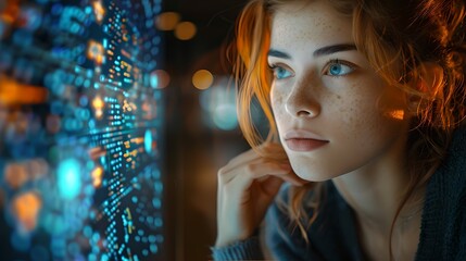 Wall Mural - redheaded woman gazing intently at glowing lights. dreamy tech-inspired portrait. conceptual imagery