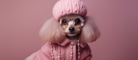 Canvas Print - Tiny fawn Toy poodle in a chic pink cap and jacket, a trendy fashion accessory