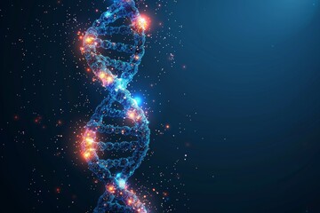 Wall Mural - An abstract polygonal helix or DNA design isolated on a blue background. Banner concept for biotech, science, medicine. Innovative genetic engineering technology.