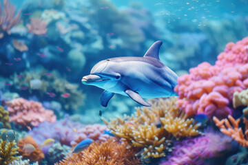 Wall Mural - Animals of the underwater sea world. Ecosystem. Colorful tropical dolphin. Life in the coral reef.