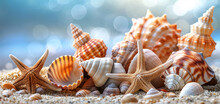 Beautiful Sea Background, Shells And Starfish On A Light Blue Background	