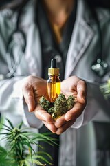 Doctors hand hold medical marijuana and oil. Alternative Medicine concept. Doctor's guidance, alternative relief.