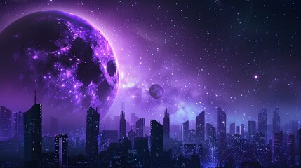 Aufkleber - As a background, there is an outer space and a purple planet in this graphic of a futuristic city.