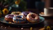 A plate of colorful donuts with sprinkles and a cup of coffee. Scene is cheerful and inviting, as the donuts are arranged in a visually appealing manner