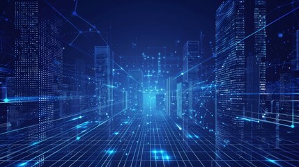 Poster - Abstract technology background; graphic of lined building in matrix style; digital city concept