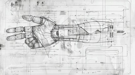 Wall Mural - Wireframe hand blueprint; scientific interface; abstract technology background;