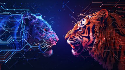 Leinwandbilder - A futuristic lion versus a technological tiger, perforated with an electronic board, a concept of powerful technology confronting powerful technology