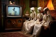 Uncanny Skeletons watching tv. Mummified creatures sitting couch eating and drinking beverages. Generate AI