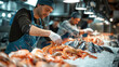 Professional Chefs Preparing Fresh Seafood in Busy Kitchen
