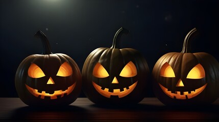 Illustration of glowing carved pumpkins with different evil faces in the dark at Halloween night. Generative AI