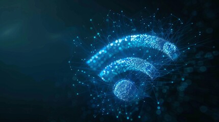 Poster - An illustration of communication technology with dotted wifi signs and blue particles