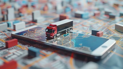 Fototapete - Using mobile technology for tracking logistics services, concept of a mobile application with a cargo transportation system