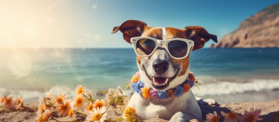 Canvas Print - Dog wearing sunglasses and lei lounging on beach by water under sunny sky