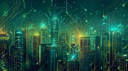 Poster - Intelligent city concept, building graphics combined with electronic patterns.