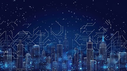 Poster - Smart city concept, graphic of buildings combined with electronic pattern