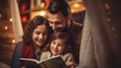 A smiling Dad reads a bedtime story to his children. Happy Moments, Family, Motherhood, Parenthood, Children concepts.