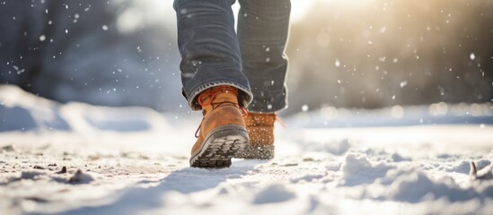 Canvas Print - Person walks on snowy path with legs covered in freezing snow