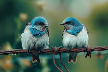 Two Blue And White Birds On Wire, Animal, Beak, Feather