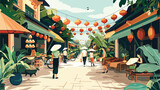 Fototapeta Londyn - Vector illustration of a market scenery in Vietnam