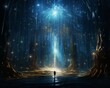 Mystical illumination. beams of light in dark starry sky cast shadow of a person in enchanting cave
