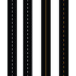 Straight asphalt road with orange and white lines. Seamless horizontal highway. Street in city for car. Path with two lanes. Black track for traffic of transport. Vector illustration. Eps file 50.