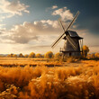 A rustic windmill in a golden field.