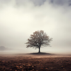 Sticker - A solitary tree in a foggy meadow. 