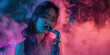 © J S - Korean K-pop performing music on live stage in retro red and blue light with copy space on smoke, asian girl playing romantic saxophone