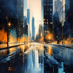 Poster - Abstract cityscape with reflections in glass buildings