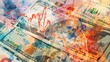 Abstract visualization of global finance, with stock charts on top of international banknotes