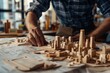 professional architect meticulously works on a blueprint with a detailed architectural model of skyscrapers on the table