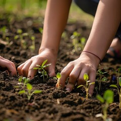 Hands planting seeds, faith in the future, fight against hunger