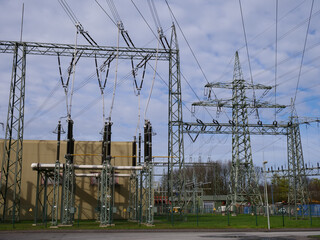 Wall Mural - Grid operator Tennet, Transformer station Paderborn - Elsen, Transformer is used to convert the voltage from 380 kilovolts to 110 kilovolts, Energy transition, Germany, Paderborn, Elsen 31. March 2024