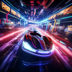 Sticker - Futuristic hovercraft racing through a neon-lit track