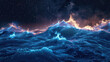 © HappyFarmDesign - A stunning scene unfolds as glowing blue bioluminescent waves crash onto a dark beach beneath a vast starry night sky.