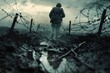 Soldier trudging through mud, barbed wire edges, depicted in 3D with a moody lighting atmosphere