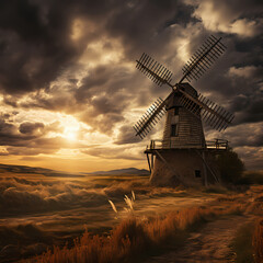 Sticker - Rustic windmill against a dramatic sky. 