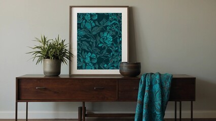 interior of the house,A framed print of teal floral wallpaper hangs on a wall above a wooden dresser. A potted plant, a bowl, and a teal throw blanket are placed on the dresser.Arrangement Home Decora