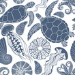 Sea creatures. Seamless pattern on the marine theme with turtles, jellyfish, underwater plants,octopus, sea ​​urchin, seashells on white. Hand drawn vector illustration.
