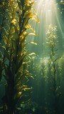Sunbeams pierce through the water, illuminating the swaying fronds of a lush kelp forest in an enchanting underwater scene.