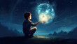 boy pulled the big bulb half buried in the ground against night sky with stars and space dust, digital art style, illustraation painting