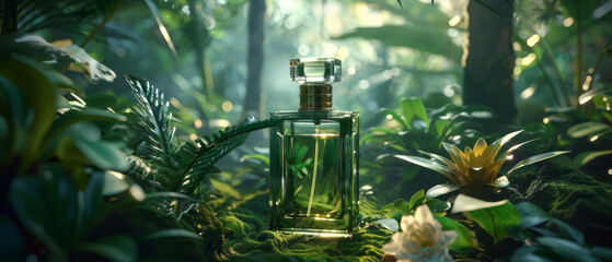 High-end perfume flacon, lush tropical forest aura, vivid greenery and exotic flowers, surreal