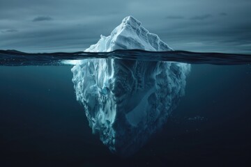 iceberg floating on dark sea, large part visible underwater, smaller tip above surface