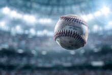Baseball Ball Floating In Air In A Frozen Moment With Blurred Base And Outfield In Background.