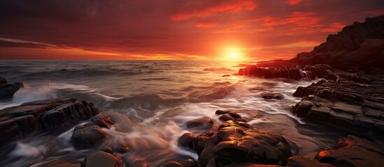 a sunset over a rocky beach with waves crashing against the rocks