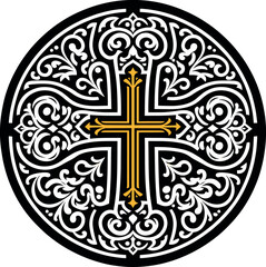 Vector illustration of an ornamental Christian cross, featuring a Celtic cross or Armenian Khachkar design within a circular frame, incorporating Christian motifs and Catholic ornamentation. 