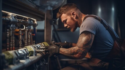Aufkleber - A man with tattoos on his arms is working on a pipe