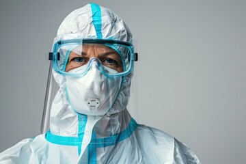 Portrait of a medical worker or doctor wearing a protective suit or suit to protect Isolated on solid white background