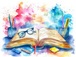 A whimsical watercolor vector scene of an open book with stationery items playfully emerging from the pages including highlighters